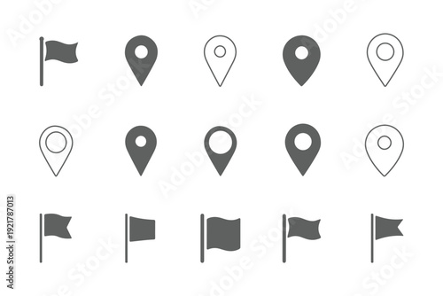 Location pin map marker icon set, gps navigation pointer symbols in solid and outline styles vector. pin icon collection. GPS, place, markers, pinpoing, position, and navigation icons set. flags 