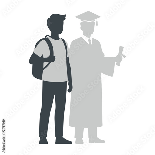 Silhouette of a student next to a graduate with a diploma and cap vector illustration.