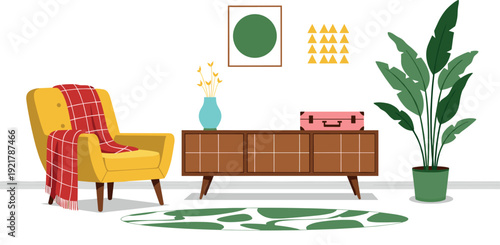 Modern Living Room Interior with Yellow Armchair Wooden Cabinet Indoor Plants Flat Vector Illustration