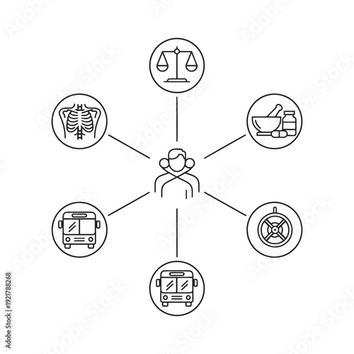 Medical service icons map connecting various healthcare symbols with human head vector illustration.
