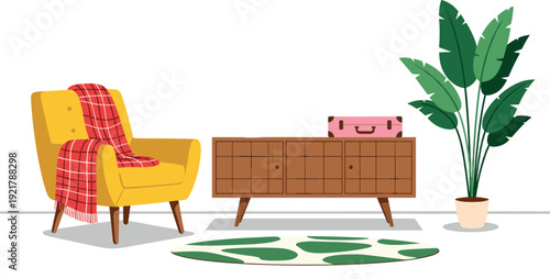 Scandinavian Living Room Interior with Yellow Armchair Wooden Cabinet and Indoor Plant Vector Illustration