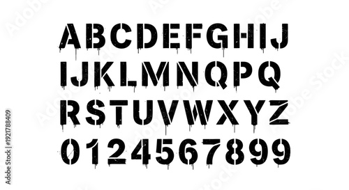 Black distressed alphabet and numbers font on white background.