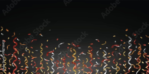 Vector illustration of festive gold, red, and silver curly ribbons and metallic pieces falling on a black background. Template for party invitations, awards, birthdays, and celebrations.