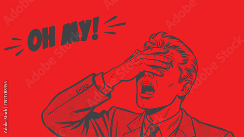 Retro Pop Art Man Facepalm Shocked Expression Red Background