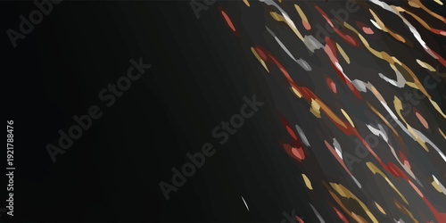 Vector illustration of festive gold, red, and silver curly ribbons and metallic pieces falling on a black background. Template for party invitations, awards, birthdays, and celebrations.