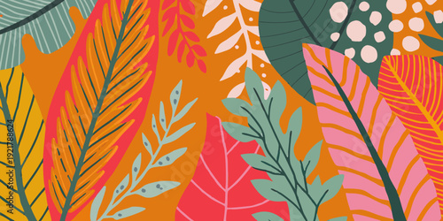 Schilderij op canvas A vibrant colorful botanical illustration featuring overlapping tropical leaves