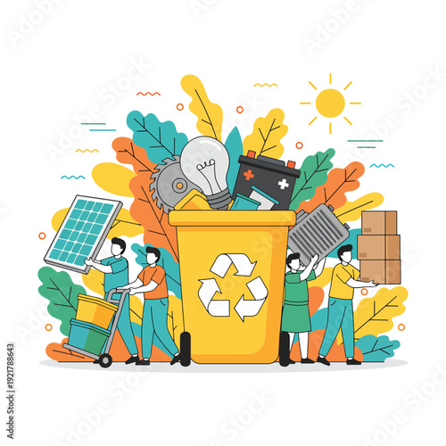 Green people recycling electronic waste and solar panels into a large yellow bin vector illustration.