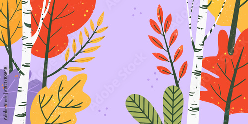 Stylized autumn foliage and birch trees against a lavender background