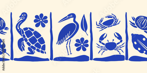 A repeating pattern of blue coastal wildlife and floral elements
