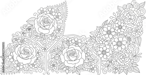 Intricate black and white line art features dense floral patterns including large roses and small filler blossoms forming corner borders.