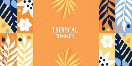 Stylized tropical leaves and floral patterns in a colorful arrangement