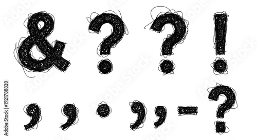 Collection of grungy punctuation marks and symbols on white background.