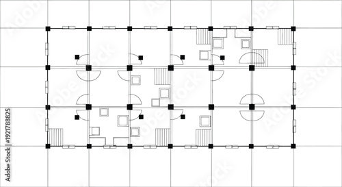 Architectural floor plan drawing shows a simplified layout of multiple rectangular rooms connected within a structural grid marked by black columns.