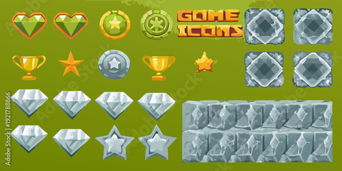 Colorful game icons depicting gems stars trophies and stone blocks