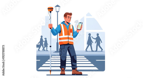 Male Land Surveyor with GNSS Rover and Smartphone Map App at City Crosswalk Illustration,  looking at a map application on a smartphone, with pedestrians and city buildings