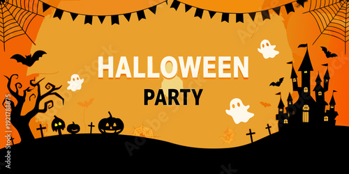 A vibrant halloween party illustration with spooky elements and text