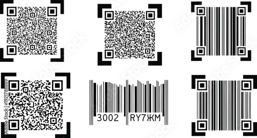 Various black and white QR codes and standard vertical barcodes are displayed in a grid arrangement on a white background.
