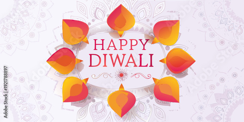 Happy diwali greeting with floral design and decorative oil lamps