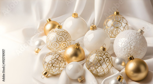A collection of white and gold Christmas ornaments on a white satin background