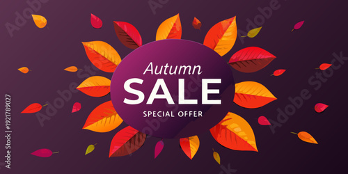 Autumn sale advertisement with falling leaves and a circular design