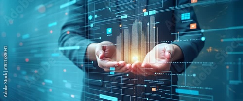 Business professional studies futuristic financial growth charts, camera gently pans, ambient office light flickers; cinematic, realistic style highlights investment, innovation, success.