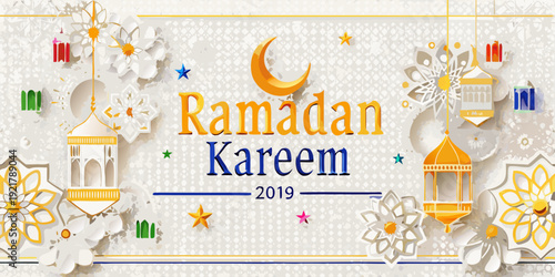 Ramadan kareem greeting with crescent moon lanterns and floral decorations