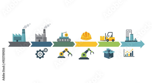 Industrial Manufacturing Process Flow Diagram with Automation, Supply Chain, Logistics, and Production Icons