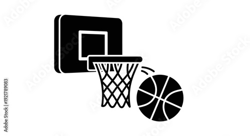 Black and white illustration of a basketball going through a hoop.