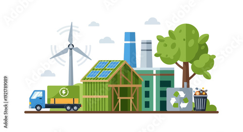 Sustainable Industry Ecosystem: Renewable Energy, Green Logistics, & Waste Management Illustration