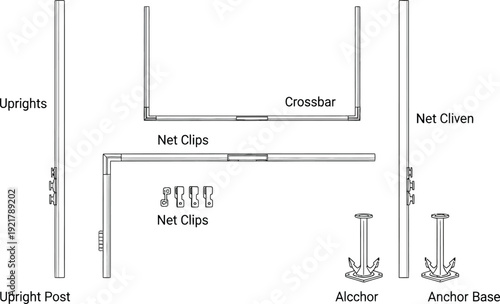 Diagram illustrates disassembled components for setting up a net system including upright posts, crossbars, clips, and anchors.