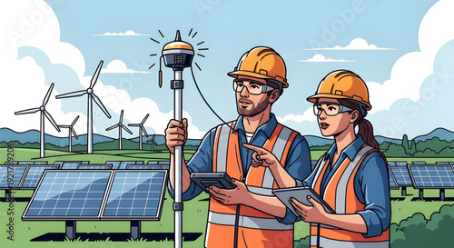 Surveyors Measuring Solar Park with GPS Equipment,  An illustration depicts a male and female surveyor using GPS surveying equipment and a tablet in a large solar park with wind turbines