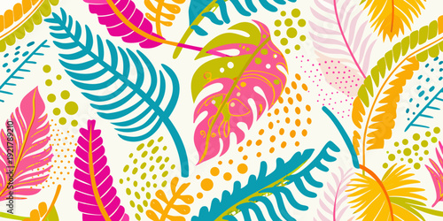 Colorful tropical leaves and feathers create a vibrant seamless pattern