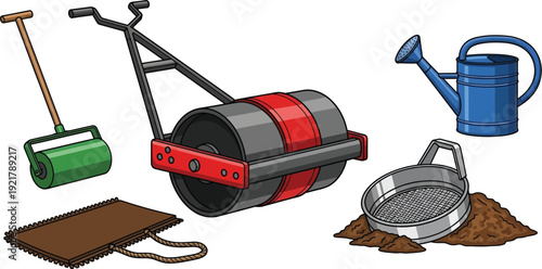 A selection of gardening tools including a roller, watering can, sieve, and turf lifter are displayed on a white background.