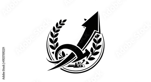 Abstract symbol of growth and success with upward arrow and laurel wreath.