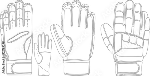 Three different styles of protective gloves are shown in black and white outline drawings for sports or industrial use.