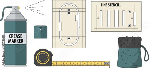 Various crafting and measurement tools including a spray can, tape measure, stencil, and pouch are displayed against a white background.