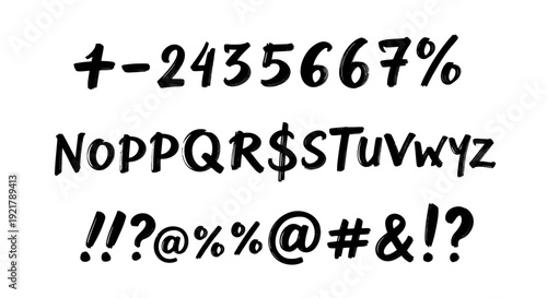Handwritten style font character set with numbers and punctuation.