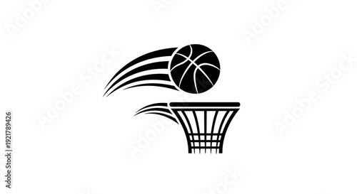 Black and white illustration of a basketball going into a hoop.