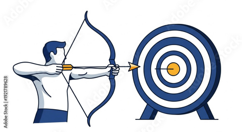 Archer aims bow and arrow at target board for competition.