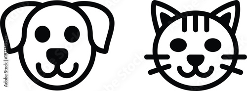 Minimalist black and white line art vector icons of dog and cat heads for pet shop branding identity.