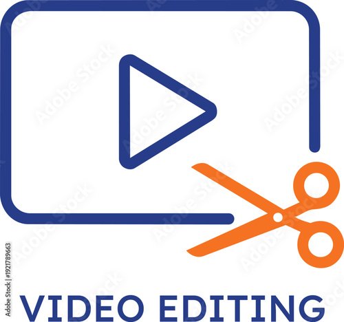 A professional video editing icon featuring a blue media player frame with a play button and orange scissors symbolizing creative post production and content trimming services