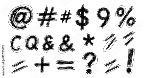 Collection of black grunge symbols and punctuation marks on white background.
