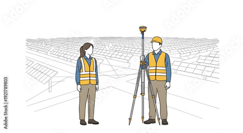 Surveyors with GNSS Rover in Solar Field, Line Art Illustration, line art illustration showing two surveyors, a female and a male, with a GNSS rover pole in a large solar panel field.