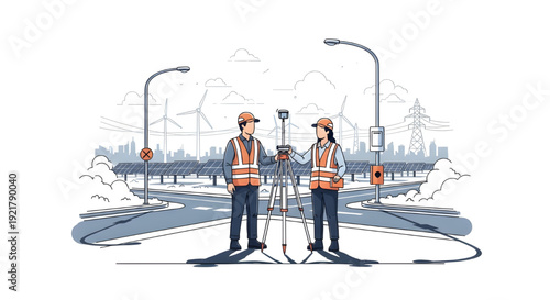 Surveyors with GNSS GPS Equipment at Solar Farm,  line art illustration of two surveyors, a man and a woman, using a total station and a tablet in a solar farm with wind turbines and a city skyline