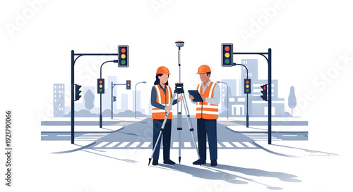 Two Surveyors with Total Station at City Intersection, Flat Vector Illustration,  GNSS Pole, a man and a woman, working at a city street intersection. They are using a total station on a tripod 