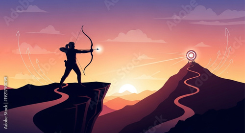 Archer aims bow at distant target on mountain peak at sunset.