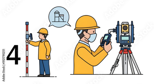 Construction Workers Surveying with Level and Total Station, Flat Vector Icon, GNSS Pole,  One worker holds a leveling rod, while the other uses a total station and a data collector,