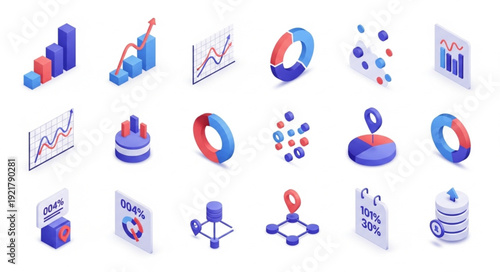 Collection of Isometric Business Charts and Graphs Icons.