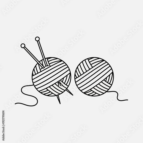 Knitting Yarn Balls with Needles Vector Illustration – Handcraft Wool Skein Line Art Icon