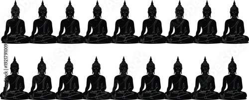 Seated Buddha meditation silhouette vector set showing peaceful spiritual statues, mindfulness, yoga, zen balance, and Buddhist art isolated on white background design